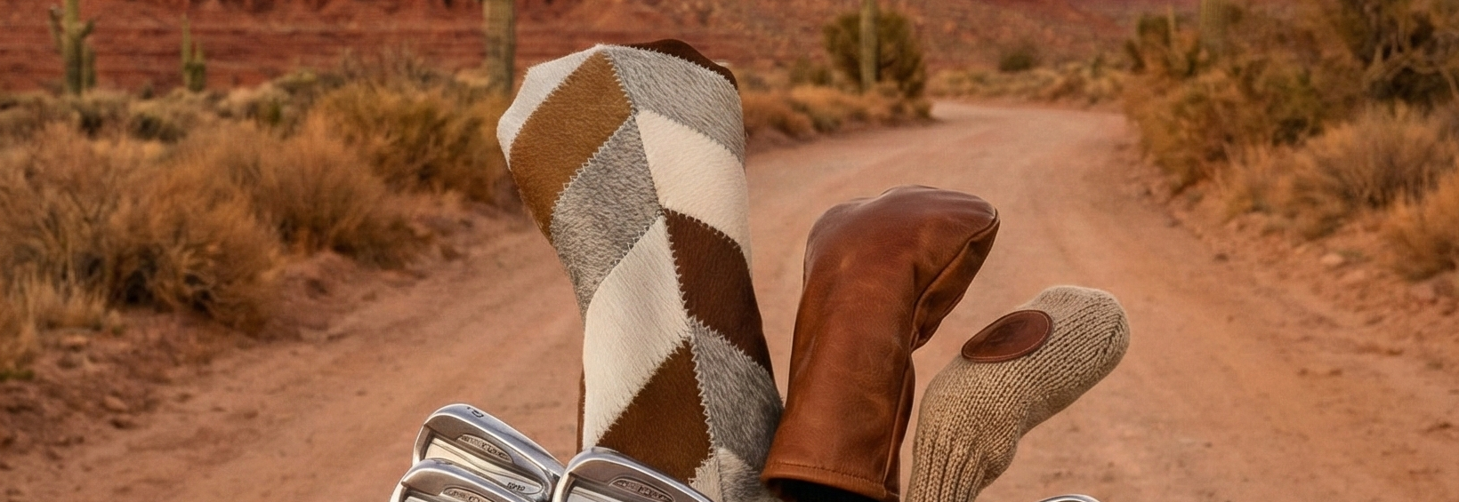 Golf bag with clubs in a desert landscape with rock formations and cacti.